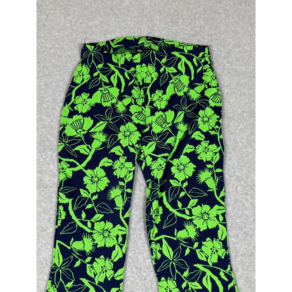 Zara Womens Size L Green Blue Jacquard Floral Print Flare Pull On Pants - Picture 6 of 9